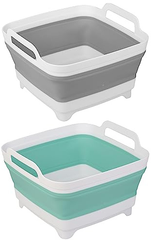 2 Pack Dishpan for Washing Dishes, 2.4Gal/9L Wash Basin with Draining Plug Carry Handles, Collapsible Bucket for Cleaning, Portable Sink, Foldable Plastic Tub
