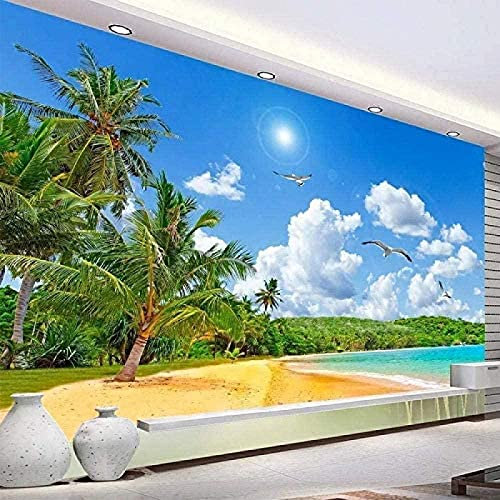 Papel tapiz de princesa 3D Mural mar playa palmera gaviota calcomanías de pared pegatina Diy póster foto papel Decoración Fotomural Sala De Estar Pared Pintado Papel Tapiz No Tejido-430cm×300cm