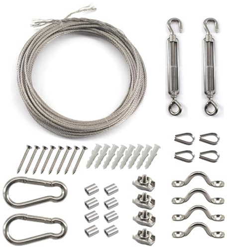 304 Stainless Steel Wire Rope Cable Kit 15M, Wire Rope Kit with Wire Rope Clip, Turnbuckle Wire Tensioner for Hanging Garden Lights Hanging, Plants Climbing, Outdoor Drying