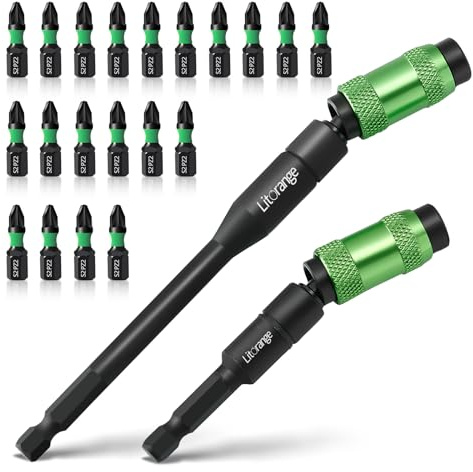 LitOrange Magnetic Pivoting Impact Bit Holder Set, 90mm & 145mm, 22 Piece | with 20 PZ2 Bits for Impact Drivers, Power Drills, Narrow Spaces & Corners