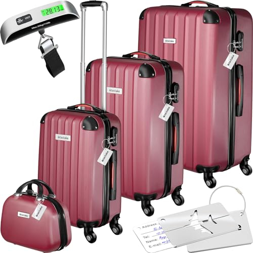 tectake® 4-teiliges Reisekoffer Kofferset inkl. Kofferwaage und Gepäckanhänger, 360° Rollen, Hartschalenkoffer mit Zahlenschloss, Koffer groß, ineinander stapelbar, Trolley Handgepäck - weinrot