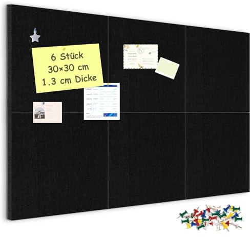 DOLLAR BOSS Filz Pinnwand Selbstklebende 6 Stück, 30×30cm Pinnwand Schwarz 13mm dicke Filzwand Filzboard, Korkwand Pin Board Memoboard, Filzplatten für Fotos Memotafeln