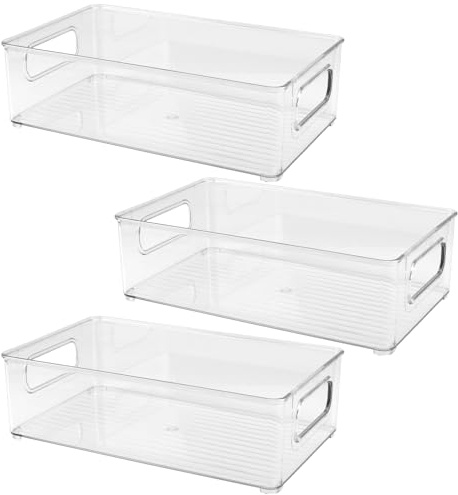CHUEN Kylskåpsförvaring, stapelbar, set om 3, kylskåpslåda med handtag, skafferi, förvaringsbehållare för kök, köksskåp, skåp, skrivbord, medium, 25,5 x 15,1 x 7,6 cm, klar