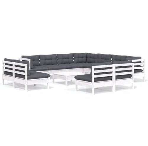 WEMYUFURN 12-TLG. Garten-Lounge-Set mit Kissen Weiß Massivholz Kiefer, Outdoor-Sitzgruppe, Terrassen-Lounge-Set, Garten-Couchgarnitur - Wetterbeständig, Komfortabel - für Terrasse, Garten und Balkon
