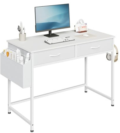 WOLTU Klihome Schreibtisch mit 2 Schubladen + Stauraum - 100x48x75cm Weißer PC-Tisch inkl. Kopfhörerhalter für Schlafzimmer/Wohnzimmer