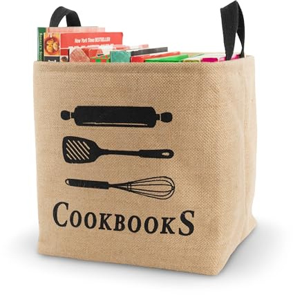 Made Easy Kit Kochbuch-Organizer und Aufbewahrungskorb aus Sackleinen – stabile, dicke, weiche Griffe für einfache Verwendung – Rezeptbücher, Lesematerialkorb, Taschenhalter für Tischplatte, Regal,