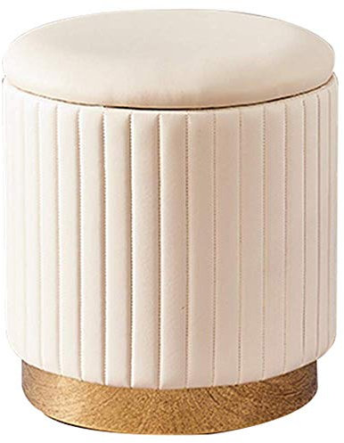 Runder Ottoman-Fußhocker aus Samt mit Aufbewahrungsdeckel für Wohnzimmer und Schlafzimmer, Vintage-Pouf, Hocker, gepolstert, Schminktisch, Schuhwechselfußstütze (weiße Streifen, 40 x 43 cm)