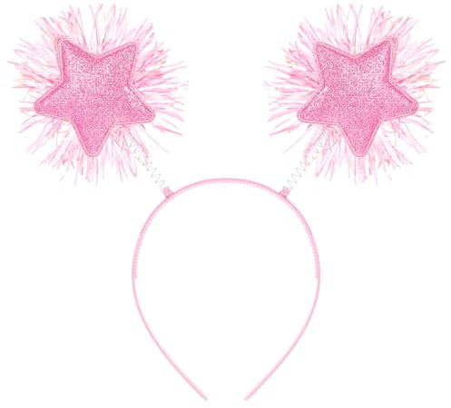 Dimeho Bandeau à pompons en aluminium avec étoiles pailletées - Bandeau tendance et moelleux - Pour Noël, fête, anniversaire, cosplay - Accessoires pour cheveux pour femme (rose)