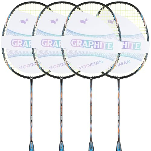 YPyroblaze grafit badmintonracket set – 4 förspända 6U superlätta racket med övergrepp, 2 hållbara väskor och tejp | grafitram och axel för professionell utomhus- och gymlek (mandel)