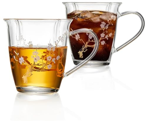 MESNEY 140ml Espressotassen Glaser, weißem Pflaumenblüten, Wird Bei Heißem Wasser Rosa, Espresso Tassen 2er Set, Hitzebeständiges Borosilikatglas kaffeegläser für Espresso und Kaffee, Teegläser