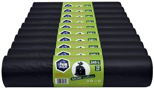 PAM-FOLIE Universal-Müllsäcke 240L - 100 Stück - Set - XXL Große, Starke, Dicke Abfallsäcke, Basic - 120x130cm - 35µm - schwarzer Müllbeutel - Mülltüten - Ideale Säcke für 240-Liter-Behälter