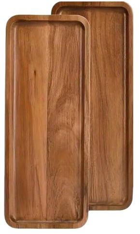 Paquete de 2 bandejas de madera maciza para servir y bandejas de madera natural con borde, rectangulares para evitar deslizamientos y derrames de alimentos (platos rectangulares de madera de acacia, 2