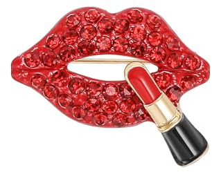 Glamouröse Brosche mit roten Lippen und Strasssteinen, Zirkonia, goldener Lippenstift, Hochzeits- und Partyschmuck für Kleider, Schals und Mäntel, M, Metall