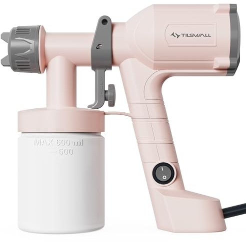 Tilswall Pistola de Pintura Eléctrica - Pulverizador de Pintura Ultraligera con Tanque Desmontable De 600ml, 2 Boquillas & 3 Modos, Paredes, Techos, Muebles, Vallas, Jardín, Rosa