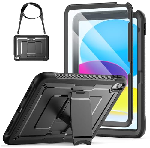 SEYMAC stock Hülle für iPad A16 11./10. Generation 11/10.9 2025/2022 | Schwarz,Kratzfest Rundumschutz,Displayschutzfolie,Faltbar Ständer,Verstellbarer Schultergurt,Stifthalter