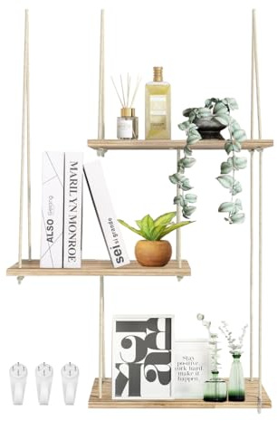 Wondramble Hängeregal Holz Wandregal,Regal Ohne Bohren,Für Boho Wanddeko Wohnzimmer,Schweberegal,Pflanzenregal,Oder Hängeregal Bad (helle Farbe)