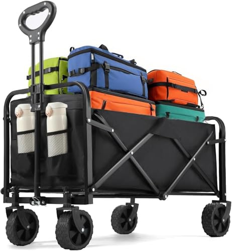 Bollerwagen Faltbar, 120L 120KG Belastbar Bollerwagen, 360° Geländeräder, 70 x 43 x 72cm Faltwagen Strandwagen mit 2 Getränkehalter 12cm Reifen für Camping Strand Einkaufen (Schwarz)