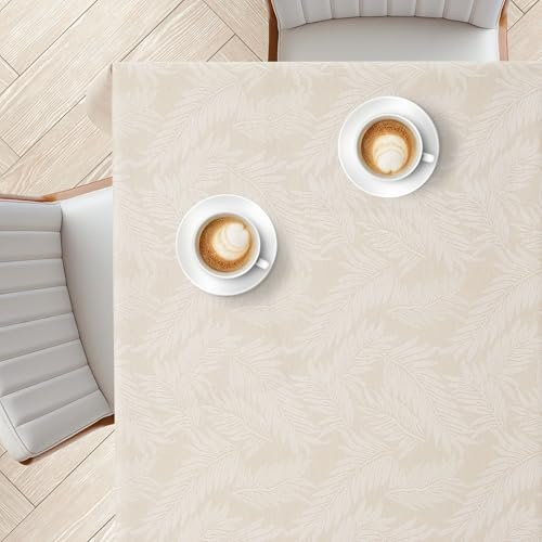 KP HOME PVC Table Cloth Wipe Clean – Square 55.1x55.1 (140x140cm), Soft Touch Wipeable Cream Plastic Tablecloth with Linen Effect, Waterproof, Outdoor Oil Cloth Table Cover, White Fern Pattern