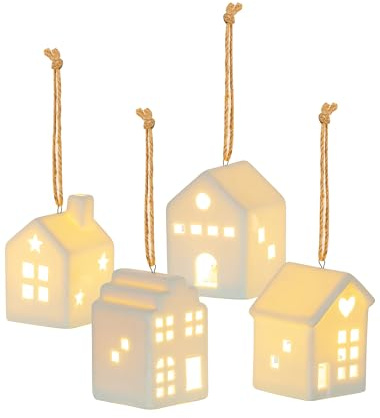 Romadedi Lichthaus Anhänger Weihnachtsbaumschmuck Weihnachtsanhänger: 4 LED Kleine Weiße Hängendes Häuser Für Weihnachtsdeko Baumschmuck Weihnachten Fensterdeko Keramik Teelichthaus Christbaumanhänger