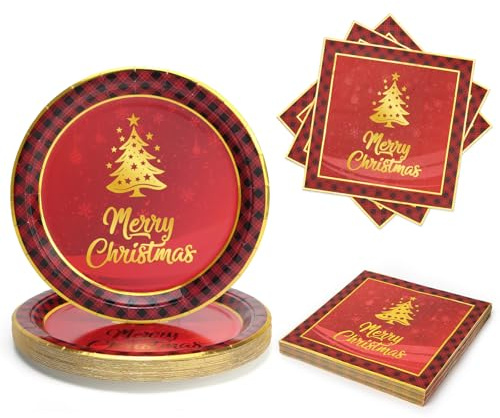 PARTY GO Platos y Servilletas De Papel Navideños 50 Unidades,Incluye 25 Unidades 23 cm Platos Navidad y 25 Unidades Servilletas,Patrón De Árbol De Navidad Rojo,Para Decoraciones Navideñas