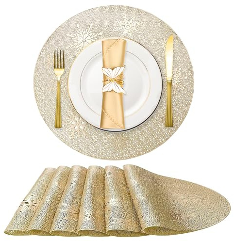 6 Stück Platzsets Weihnachten Rund Gold, Weihnachtliche Schneeflockenmuster Platzsets, 38CM Abwaschbar PVC rutschfest Hitzebeständig Runde Tischsets für Tischdekoration