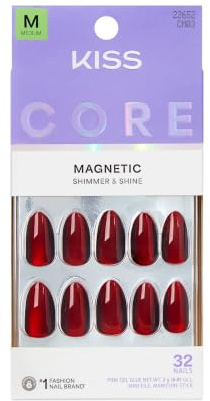 KISS CORE Press On Nails, Nail Glue Included, 'Apple Blossom' Red, Medium Size, Almond Shape, Includes 32 Nails, 2g Glue, 1 Manicure Stick, 1 Mini File