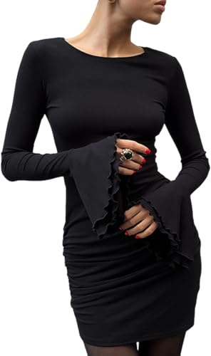 Vestito Donna Elegante Maniche Lunghe Mini Abito Sexy Aderente Ruched Vestito Corto Casual Maniche con Volant Bodycon Abito Solid Vestiti de Discoteca Sera Cocktail Party Tubino Autunno Inverno