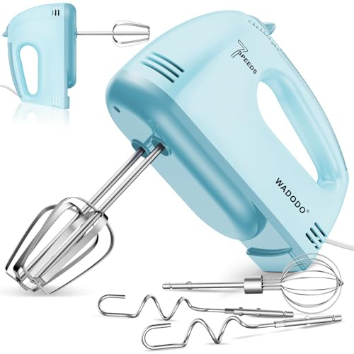 WADODO Electric Hand Mixer, 7-Speeds Small Handheld Mixer Portable Food KitchenMixer with 5 * 304 Stainless Steel Beaters, Whisk, Dough Hooks Attachment for Baking Cake Cookies Cream, Blue
