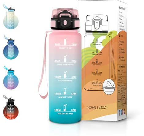 JAPORIA Trinkflasche 1L, BPA-frei mit Strohhalm & Zeitmarkierung, Auslaufsicher, Kohlensäure Geeignet, Sportflasche für Gym, Camping, Wandern, Fahrrad und Yoga