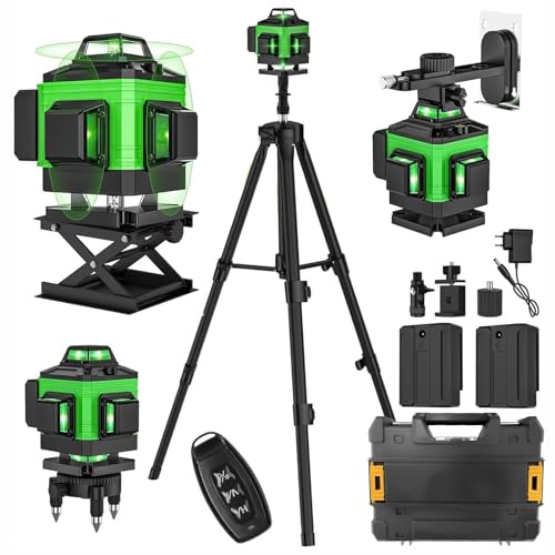 Laser Level Self Leveling 4 x 360°, 4D Laser Level Green Professional Laser Level, with 2×4800mAh Batteries, Cross Green line Laser & IP54 Waterproof for Indoor Outdoor Construction
