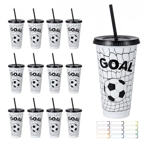 BUERPINKING 12 bicchieri da calcio, 710 ml, con coperchio e cannuccia, riutilizzabili, per feste, fan, decorazione della squadra (bianco A)