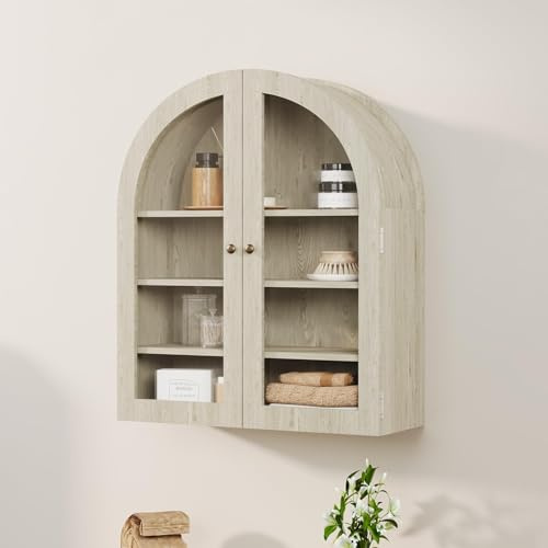 Zstar Arched Wall Mounted Cabinet MDF Farmhouse Bathroom Storage Medicine Cabinet with Glass Door Adjustable Shelf Kitchen Organiser Natural Wood Color