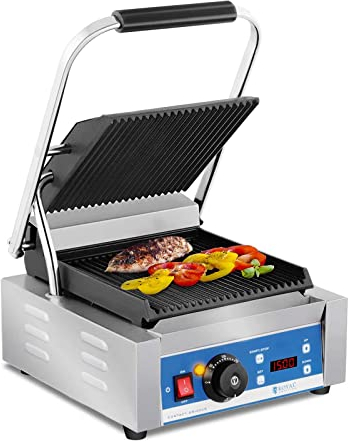 Royal Catering Tostiera Piastra Panini Griglia Elettrica (1800 W, 55–300 °C, Rigata, Timer 15 Min, 36,2 x 31,3 x 20,1 cm, Acciaio Inox, Ghisa Smaltata)