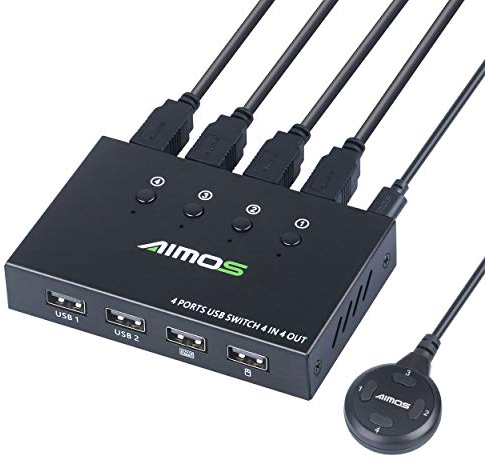 AIMOS Commutateur USB 4 Entrées 4 Sorties pour Partager Imprimante, Clavier, Souris, Disque Dur Externe et Scanner avec 4 Câbles USB 2.0
