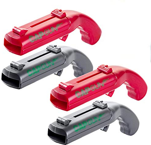 Cap Gun abrebotellas de plástico para el hogar, bar, fiesta, juego de beber (rojo y gris, 4 piezas)