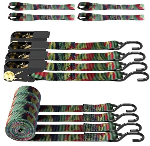 AWELCRAFT Ratchet Straps 4 Pack,1inx 15ft Tie Downs,1500lbs,Camouflage