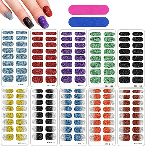 160 Pcs 10 Feuilles Autocollants à Ongles de Vernis，sticker complète avec paillettes，feuilles auto-adhésifs nails wraps，Couverture Complète Sticker, avec 2 Limes à Ongles pour Décor d'Art d'Ongle