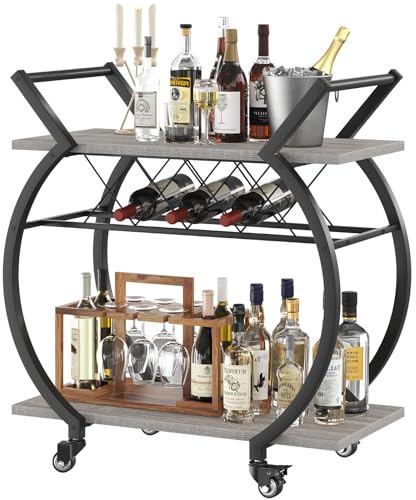 LVB Carro de barra con estante de vino, carro de cocina con ruedas de 2 niveles, moderno de madera y metal mesa de café portátil para el hogar, carro de servicio industrial móvil con estante de