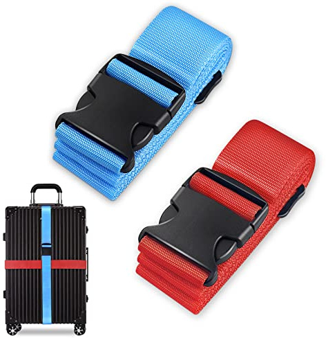 Koffergurten Set, Gepäckbande, Kofferbände, Koffergurten Personalisierte Identifikation Verstellbare Rutschfestes Reisezube (Blau Rot, 2 Stück Set)