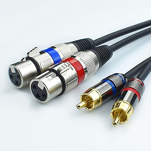 Mugteeve Dual XLR Female to Dual RCA Male Phono Cable Adapter, 15Feet Balanced 3pin XLRF to Unbalanced RCA Speaker Cable, Gold Plated, OFC Shielded, Noise-Free, for Mixer, Subwoofer, Amplifier