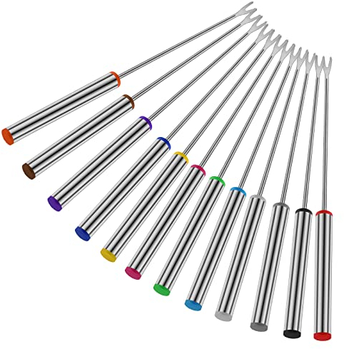 Prasacco 12 tenedores para fondue, varillas de fondue de acero inoxidable de 9.5 pulgadas con mango resistente al calor para queso, chocolate, fondue asada, carne