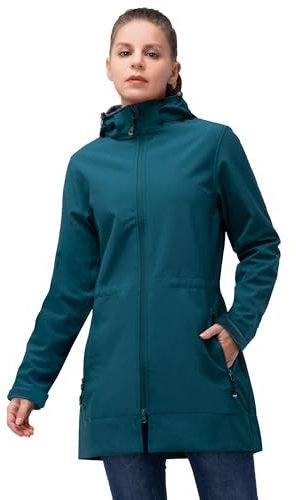 33,000ft Softshelljacke Damen Lange Übergangsjacke Leicht Softshellmantel | Wasserdicht Windbreaker, Frauen Warme Fleecejacke, 2-Wege Reißverschluss, Winddicht Wanderjacke mit Abnehmbarer Kapuze