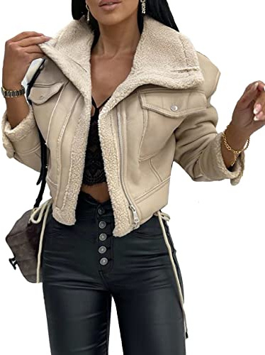 HAHAEMMA Veste d'hiver chaude doublée Sherpa pour femme - Revers - Manches longues - Fermeture éclair - Avec poches, beige, M