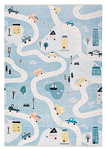 Blauer Spielteppich mit Straßen und Autos – 80 x 145 cm - Waschbar & rutschfest – Kinderteppich für Spielspaß im Zimmer - Schlafzimmer Teppich