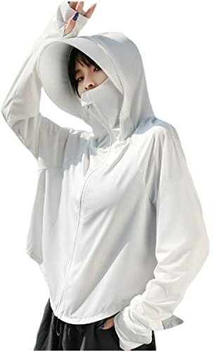 Veste de protection solaire pour femme avec fermeture éclair intégrale UPF 50+ Protection solaire UV Vêtements légers à manches longues Sweat à capuche, blanc