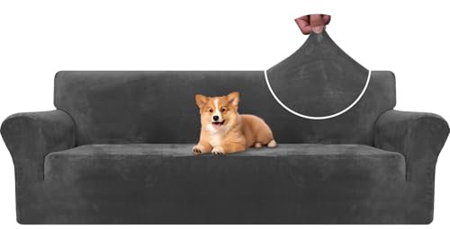 CYCMACO Samt Sofa Überzug 4 Sitzer, Sofabezug Elastische, Couch Überzug Haustier Katze Hunde, Universal Sofa Cover Moderne, Sofahusse Mit Armlehnen, Sofaschoner rutschfest, Grau