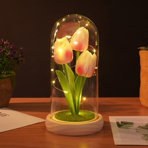 Niwugady Tulipán regalo para novia PU simulación tulipán luz nocturna regalo con cubierta de vidrio decoración flores creativo día de San Valentín día de la mujer rosa flor uno