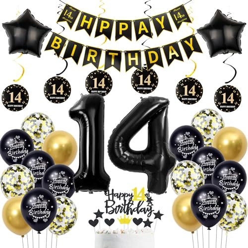 deko 14. geburtstag Jungen mädchen,schwarz gold luftballon 14. geburtstag deko Junge ,schwarz Tortendeko 14. Happy Birthday girlande banner gold geburtstagsdeko 14 jahre ballon