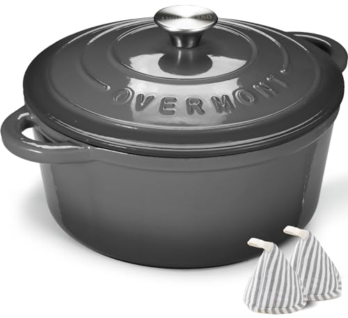 Overmont 24cm/4.2L Enamelled Cast Iron Round Casserole Pot With Lid Cookbook & Cotton Potholders - Non-stick Dutch Oven Cookware for Braising, Stews, Roasting, Bread Baking - Grey, 4.5QT
