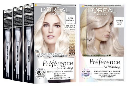 L'Oréal Paris Blond Routine: Für ein perfektes Blond, Mit Anti-Gelbstich und Anti-Haarbruch Technologie, Préférence Le Blonding, 9L Helles Platinblond 3er Set & Pearly Boost Haartoner, 4-teilig